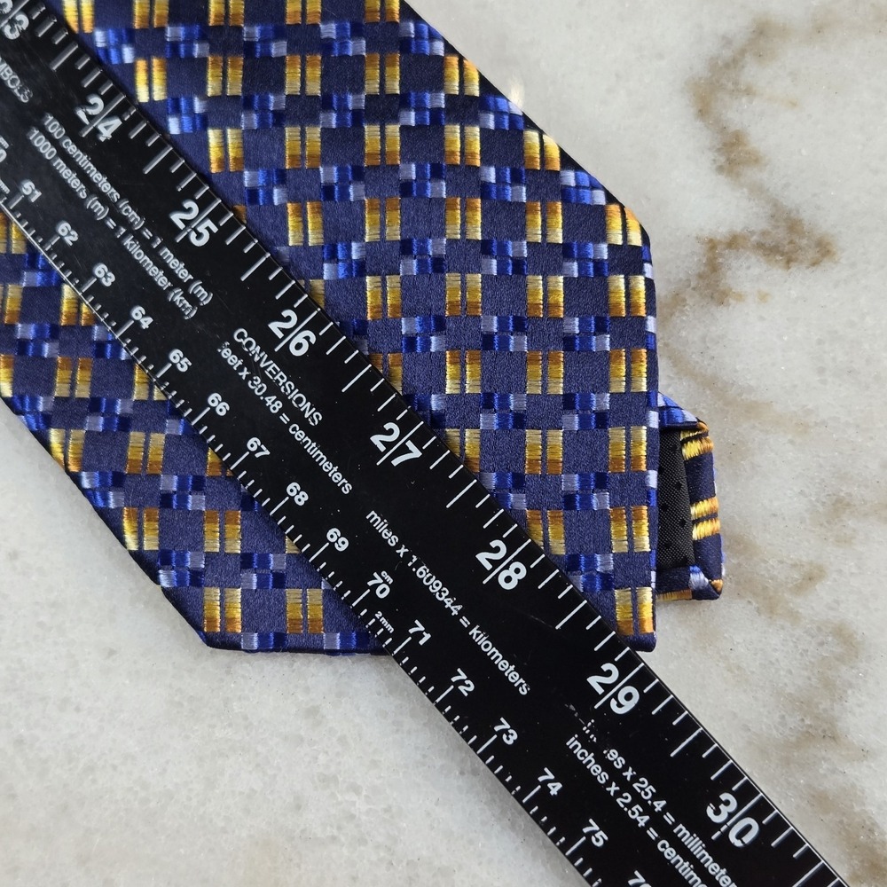Allyn St. George Silk Tie Blue Gold Yellow Geometric Square Pattern Professional - Picture 7 of 7